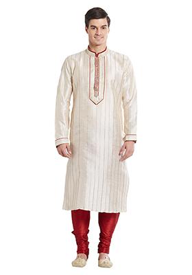 Cream Embroidered Silk Kurta Set For Men
