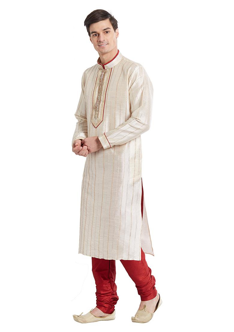 Cream Embroidered Silk Kurta Set For Men