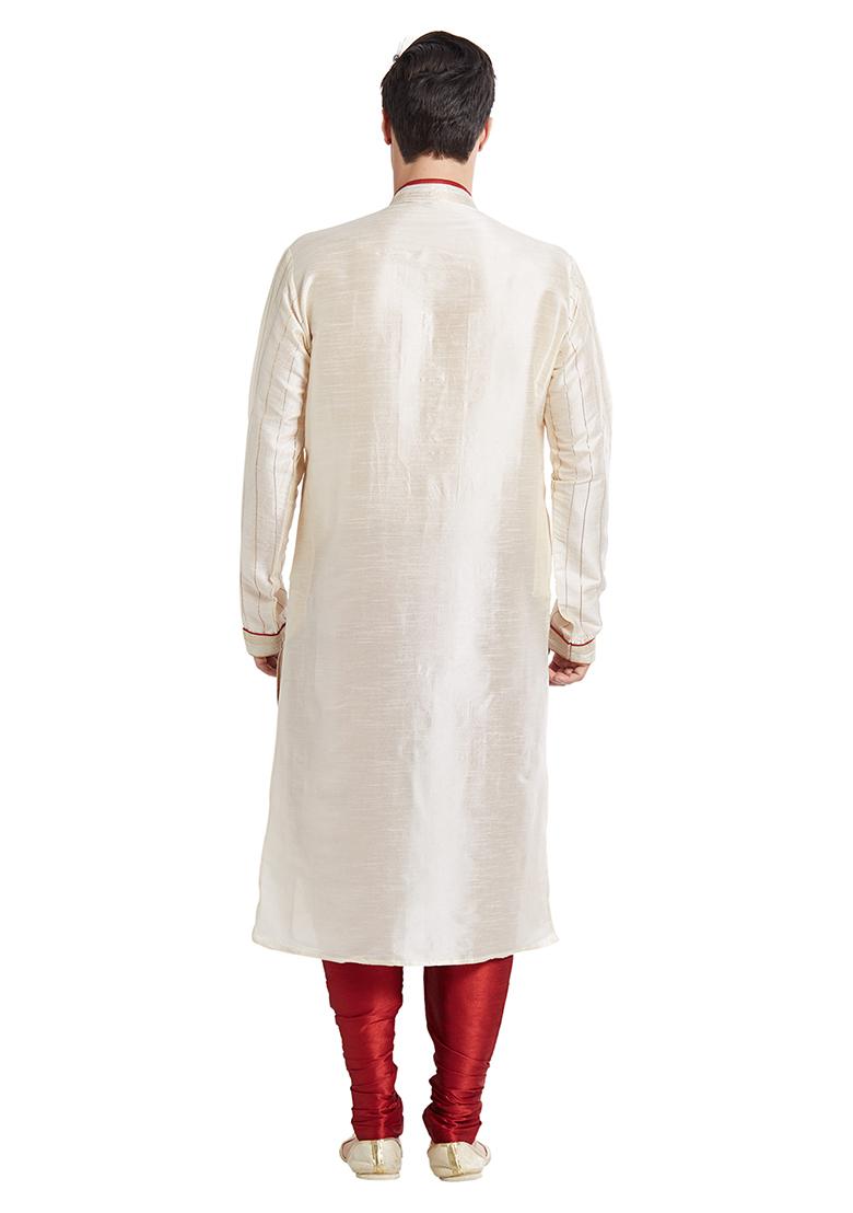 Cream Embroidered Silk Kurta Set For Men
