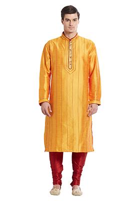 Yellow Embroidered Silk Kurta Set For Men