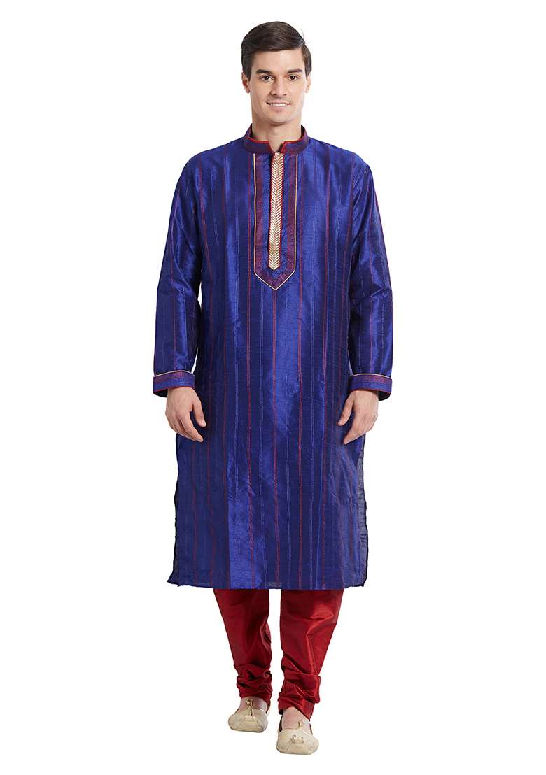 Purple Embroidered Silk Blend Kurta Set For Men - Indya