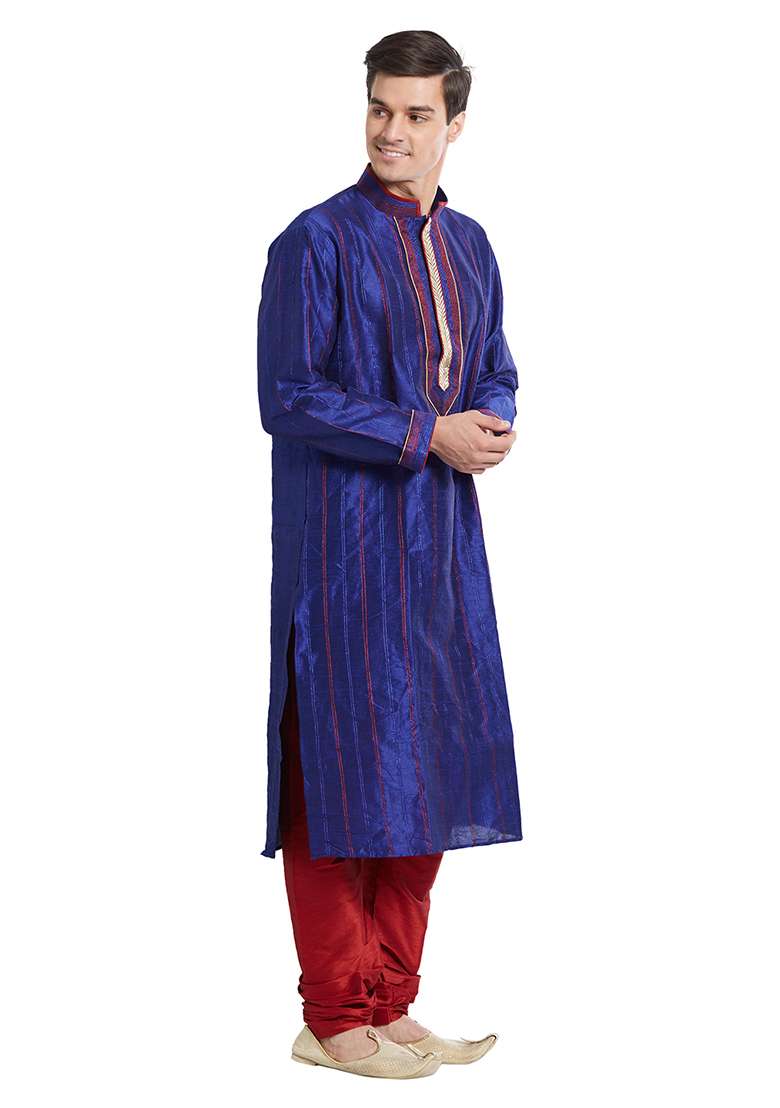 Purple Embroidered Silk Blend Kurta Set For Men - Indya