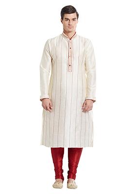 Cream Embroidered Silk Kurta Set For Men
