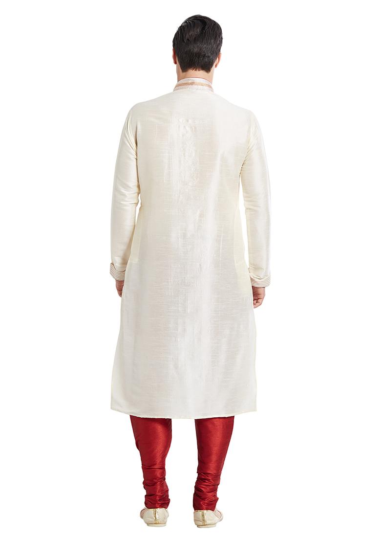 Cream Embroidered Silk Kurta Set For Men