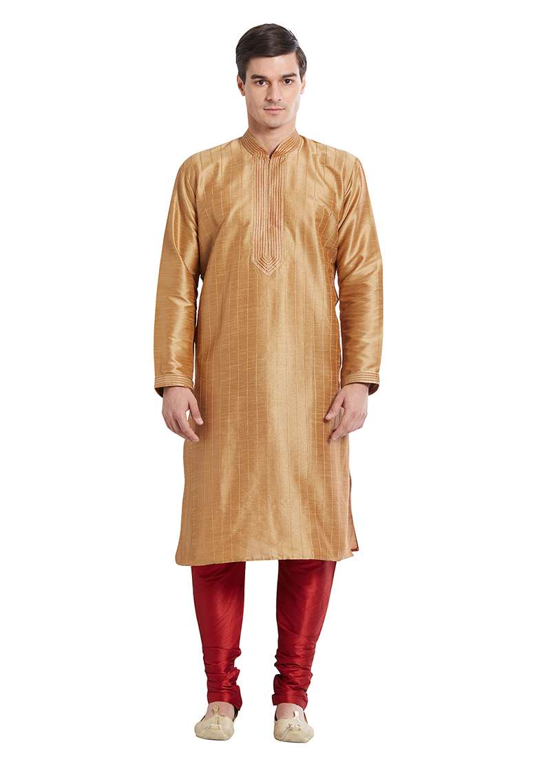 Chiku Brown Embroidered Silk Blend Kurta Set For Men - Indya