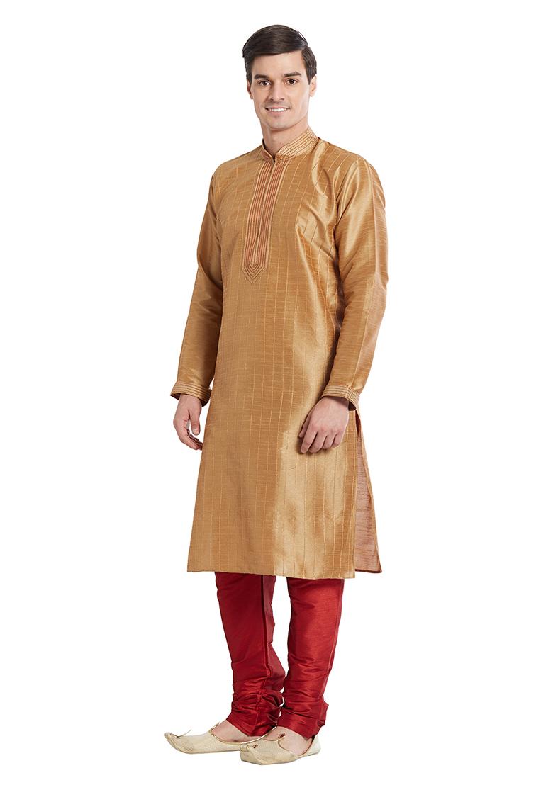 Chiku Brown Embroidered Silk Kurta Set For Men