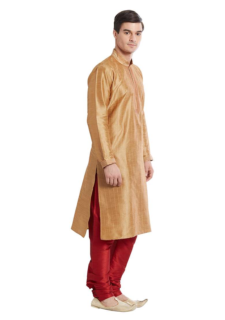 Chiku Brown Embroidered Silk Blend Kurta Set For Men - Indya