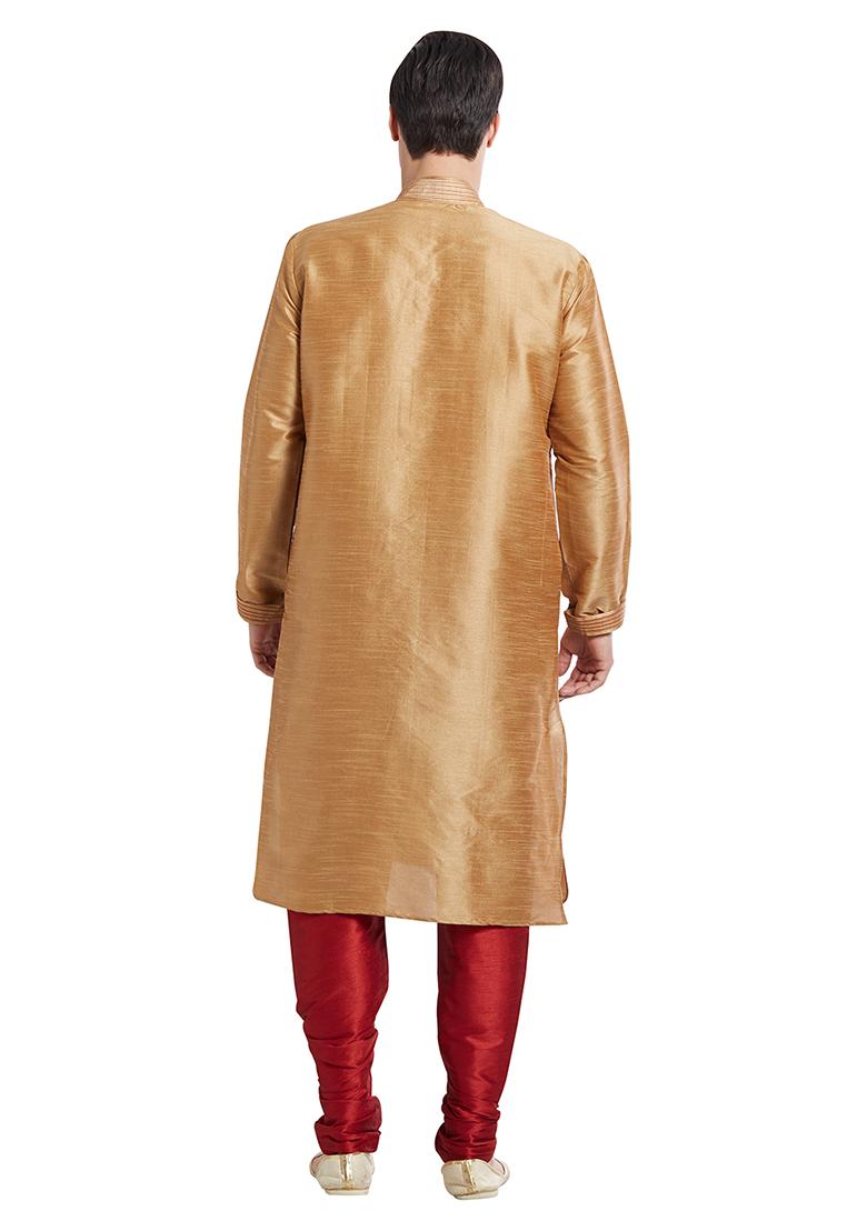 Chiku Brown Embroidered Silk Kurta Set For Men