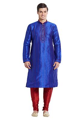 Blue Embroidered Silk Kurta Set For Men