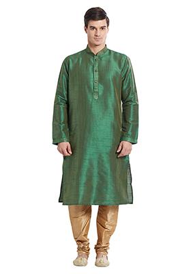 Green Embroidered Silk Kurta Set For Men