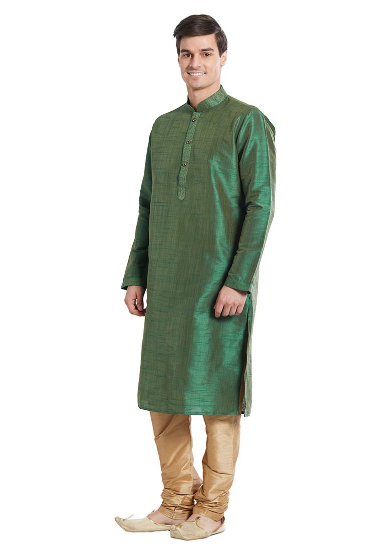 Green Embroidered Silk Kurta Set For Men