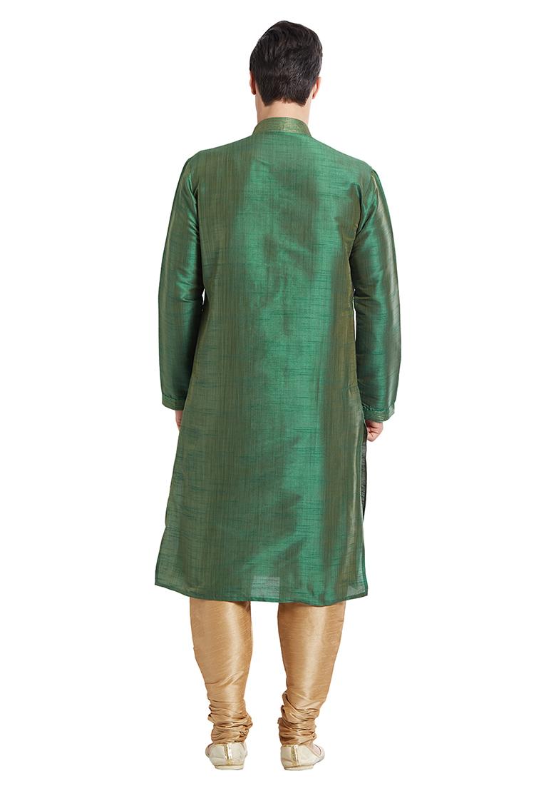 Green Embroidered Silk Kurta Set For Men