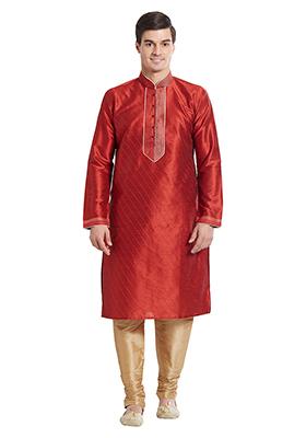 Maroon Embroidered Silk Kurta Set For Men