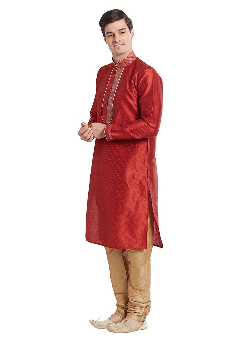 Maroon Embroidered Silk Kurta Set For Men