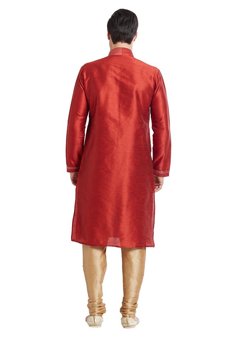 Maroon Embroidered Silk Kurta Set For Men