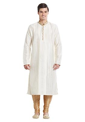 Cream Embroidered Silk Kurta Set For Men
