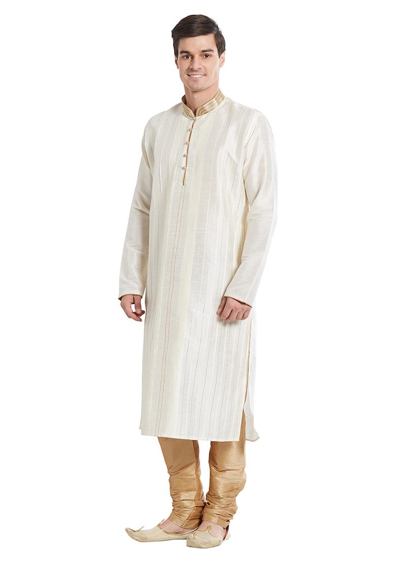 Cream Embroidered Silk Kurta Set For Men