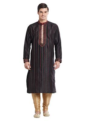 Black Embroidered Silk Kurta Set For Men