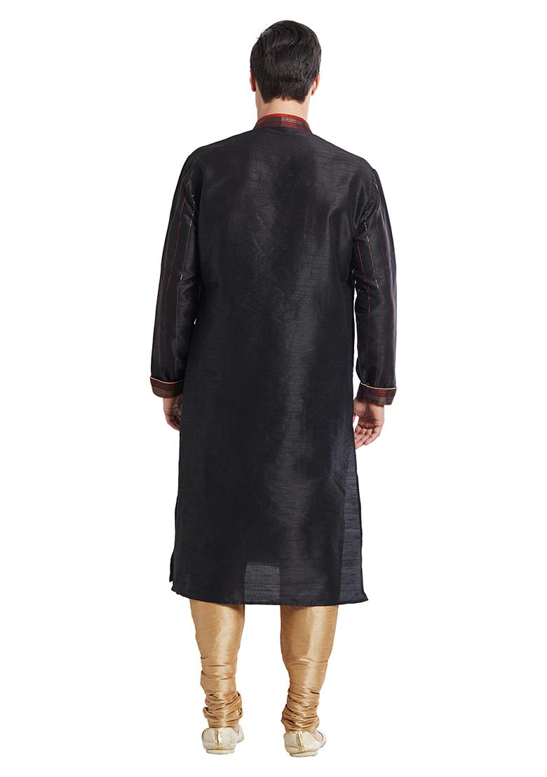 Black Embroidered Silk Kurta Set For Men