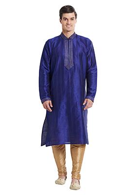 Blue Embroidered Silk Kurta Set For Men