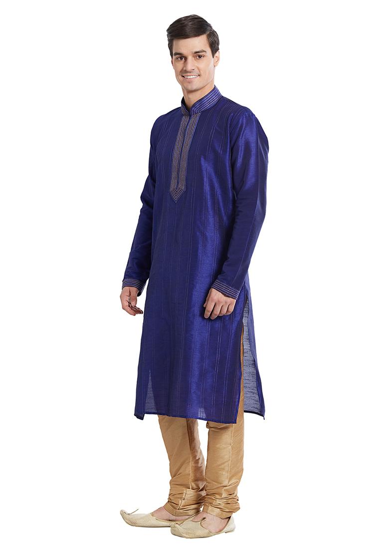 Blue Embroidered Silk Kurta Set For Men