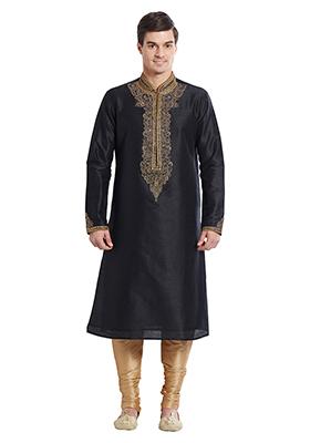Black Embroidered Silk Kurta Set For Men