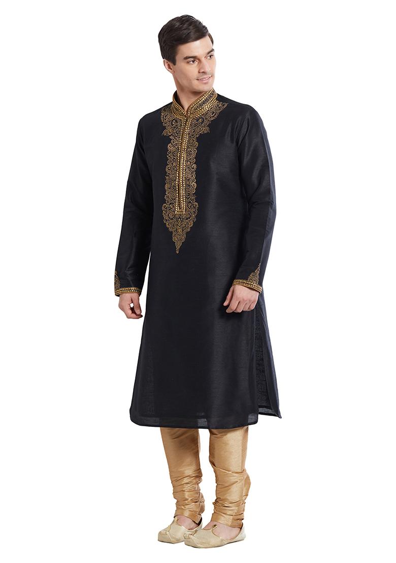 Black Embroidered Silk Kurta Set For Men