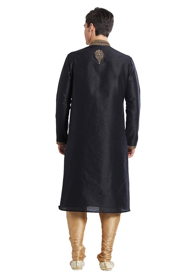 Black Embroidered Silk Kurta Set For Men