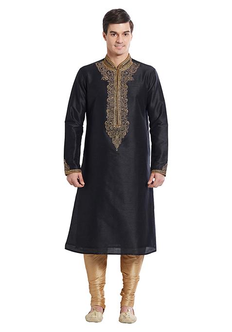Black Embroidered Silk Kurta Set For Men