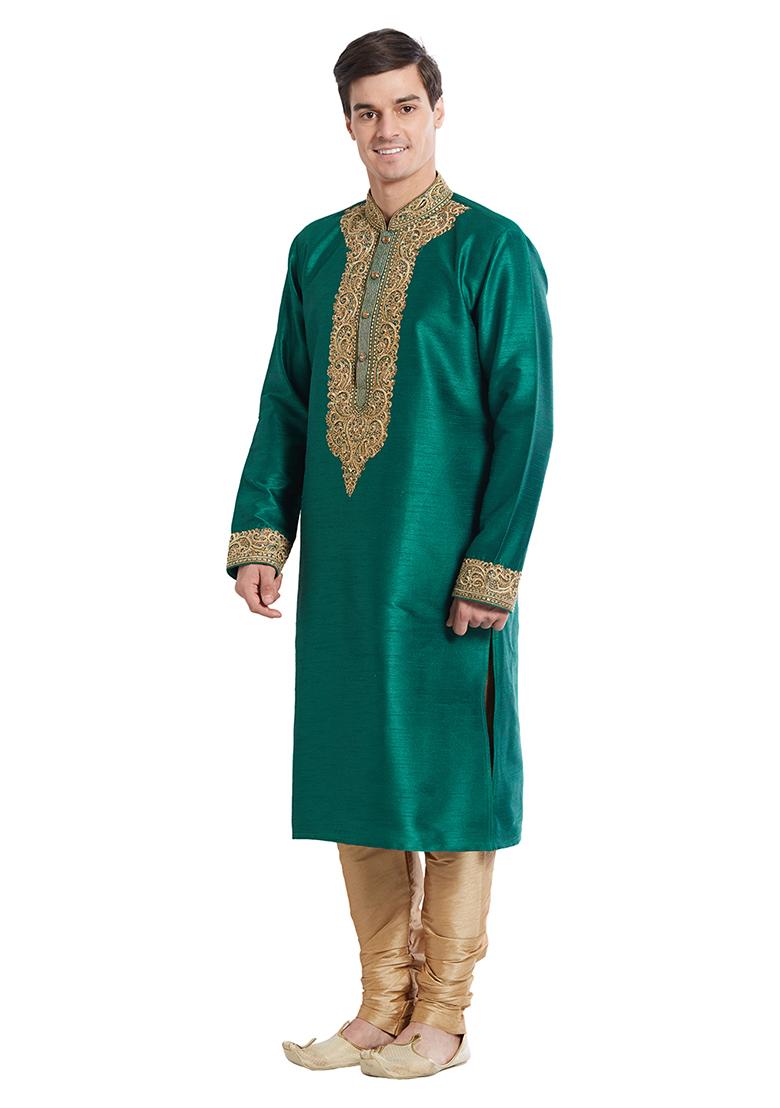 Green Embroidered Silk Kurta Set For Men