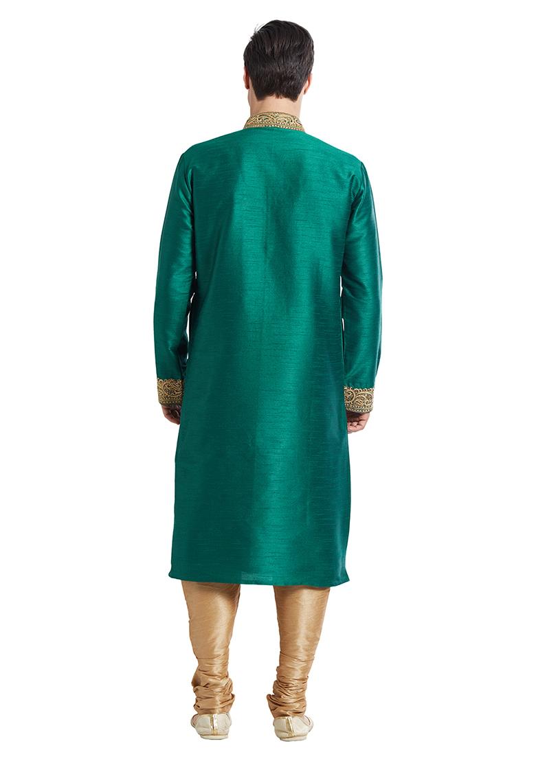 Green Embroidered Silk Kurta Set For Men