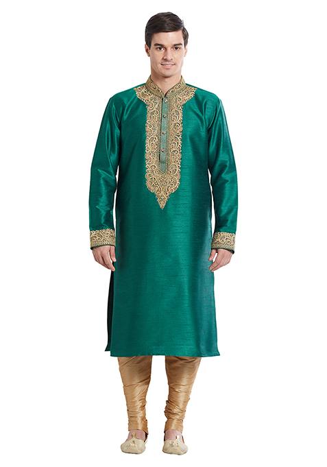 Green Embroidered Silk Kurta Set For Men