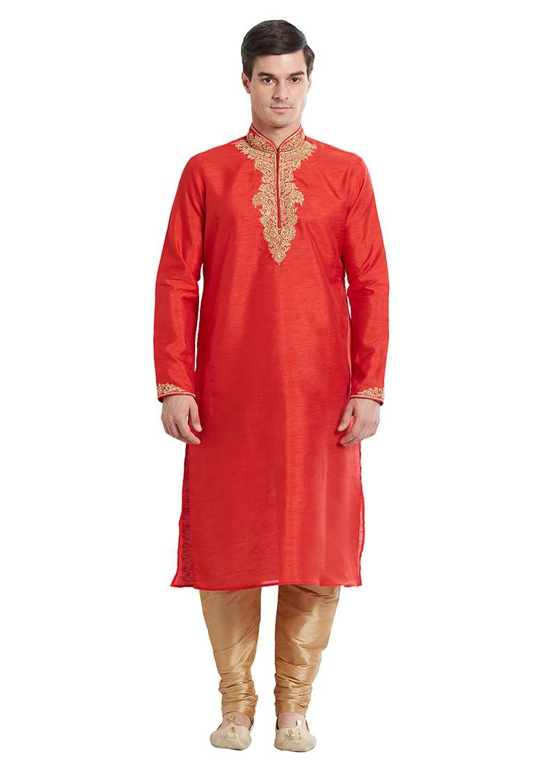 Red Embroidered Silk Blend Kurta Set For Men - Indya