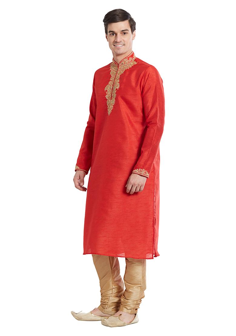 Red Embroidered Silk Kurta Set For Men
