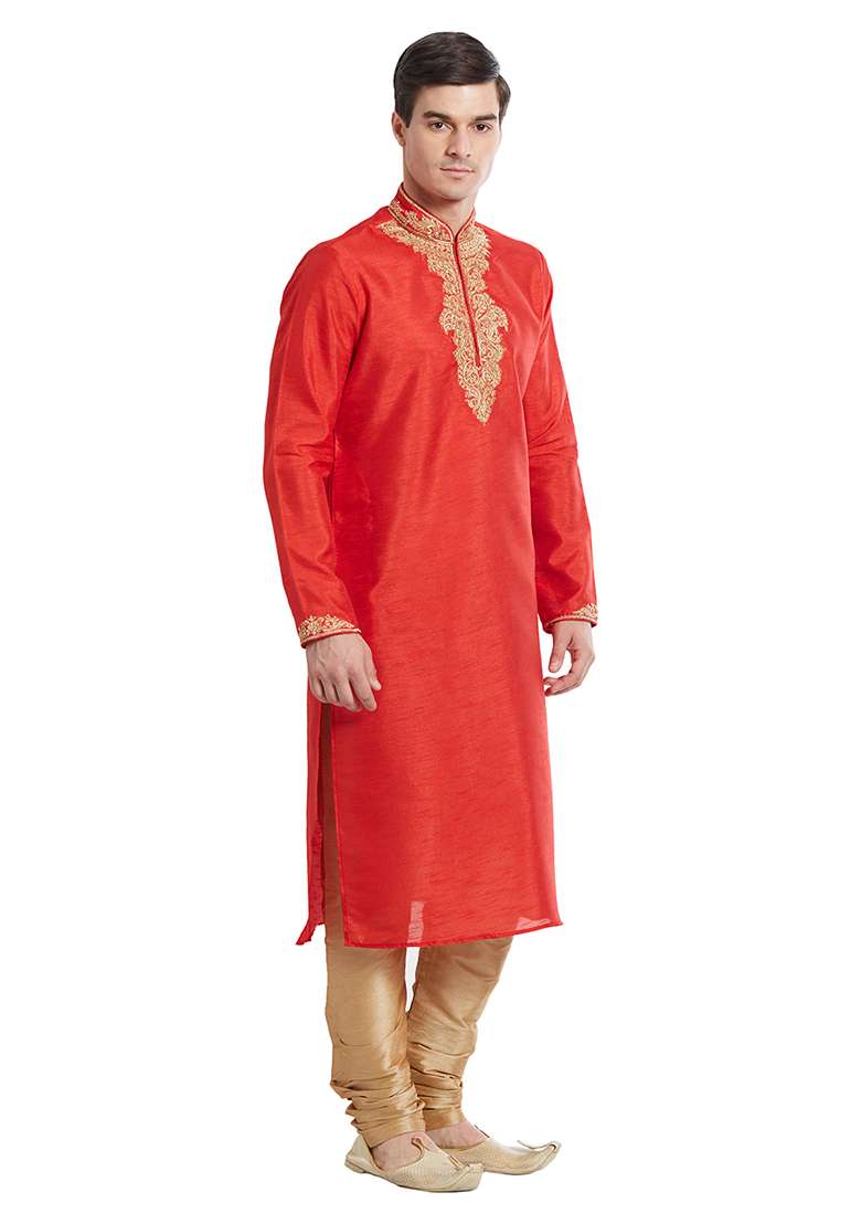 Red Embroidered Silk Blend Kurta Set For Men - Indya