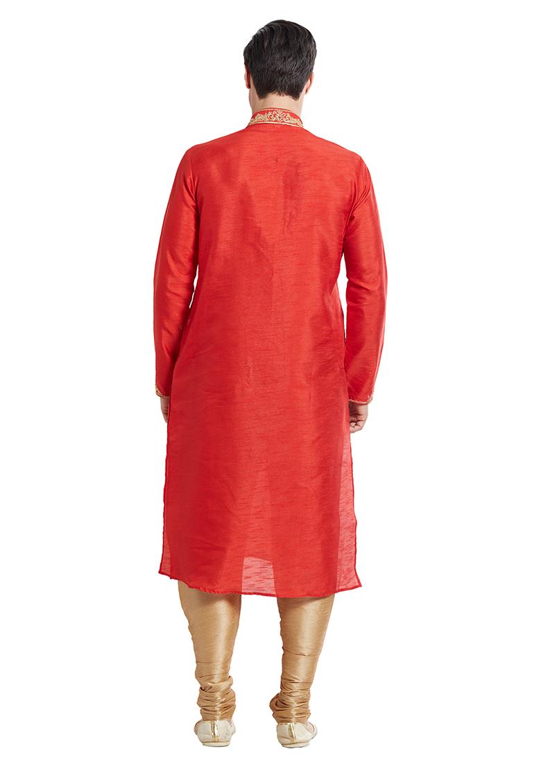 Red Embroidered Silk Kurta Set For Men