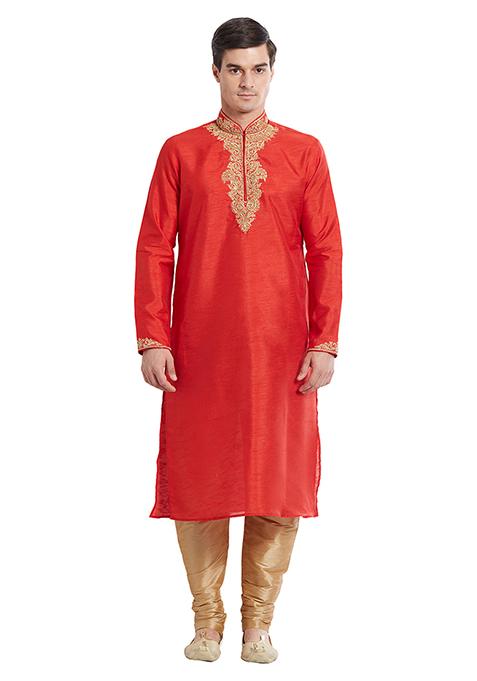 Red Embroidered Silk Kurta Set For Men