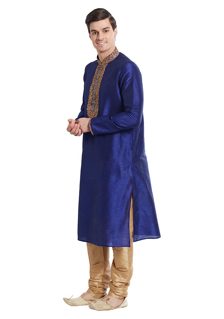 Blue Embroidered Silk Kurta Set For Men
