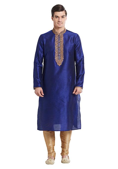 Blue Embroidered Silk Kurta Set For Men