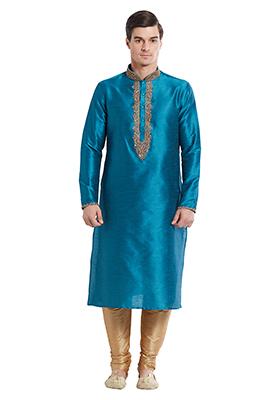 Rama Green Embroidered Silk Kurta Set For Men