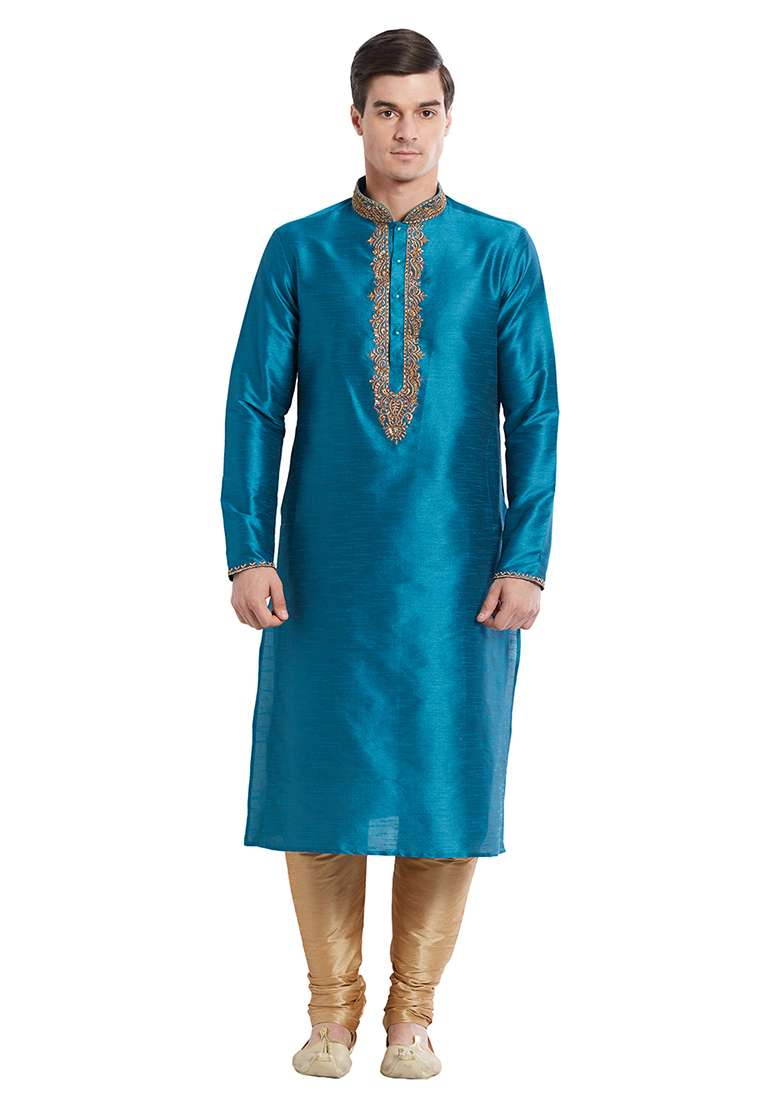 Rama Green Embroidered Silk Blend Kurta Set For Men - Indya
