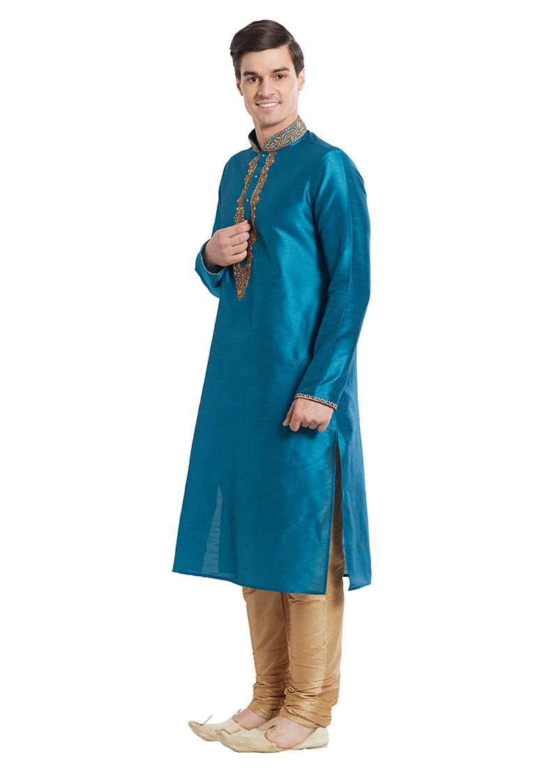 Rama Green Embroidered Silk Kurta Set For Men