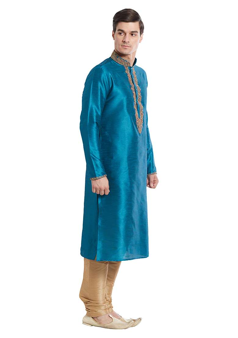Rama Green Embroidered Silk Blend Kurta Set For Men - Indya