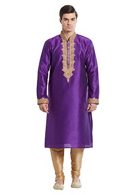 True Purple Embroidered Silk Kurta Set For Men