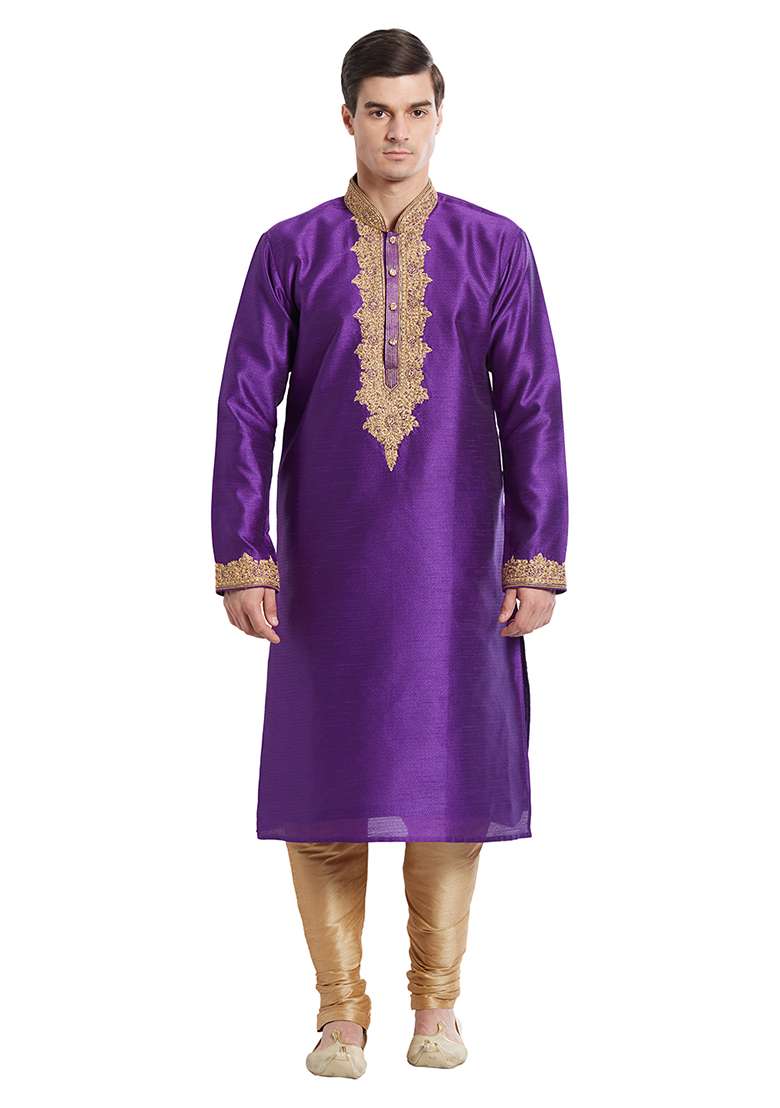 True Purple Embroidered Silk Blend Kurta Set For Men - Indya