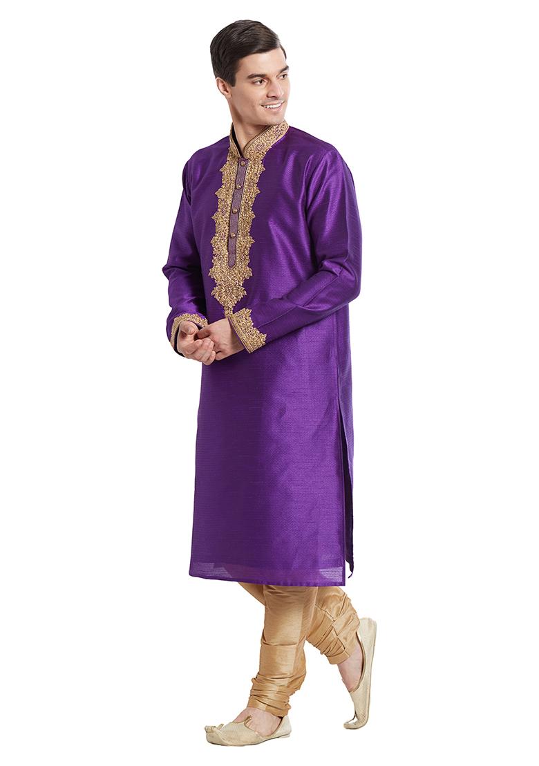 True Purple Embroidered Silk Kurta Set For Men