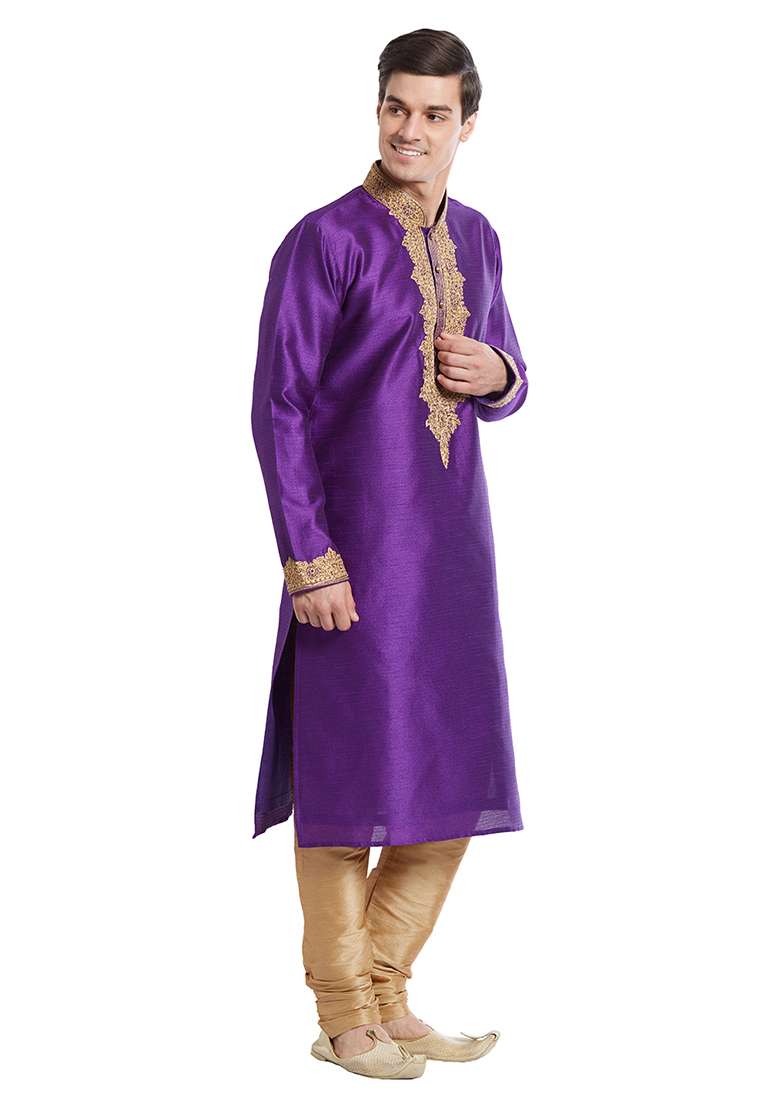 True Purple Embroidered Silk Blend Kurta Set For Men - Indya