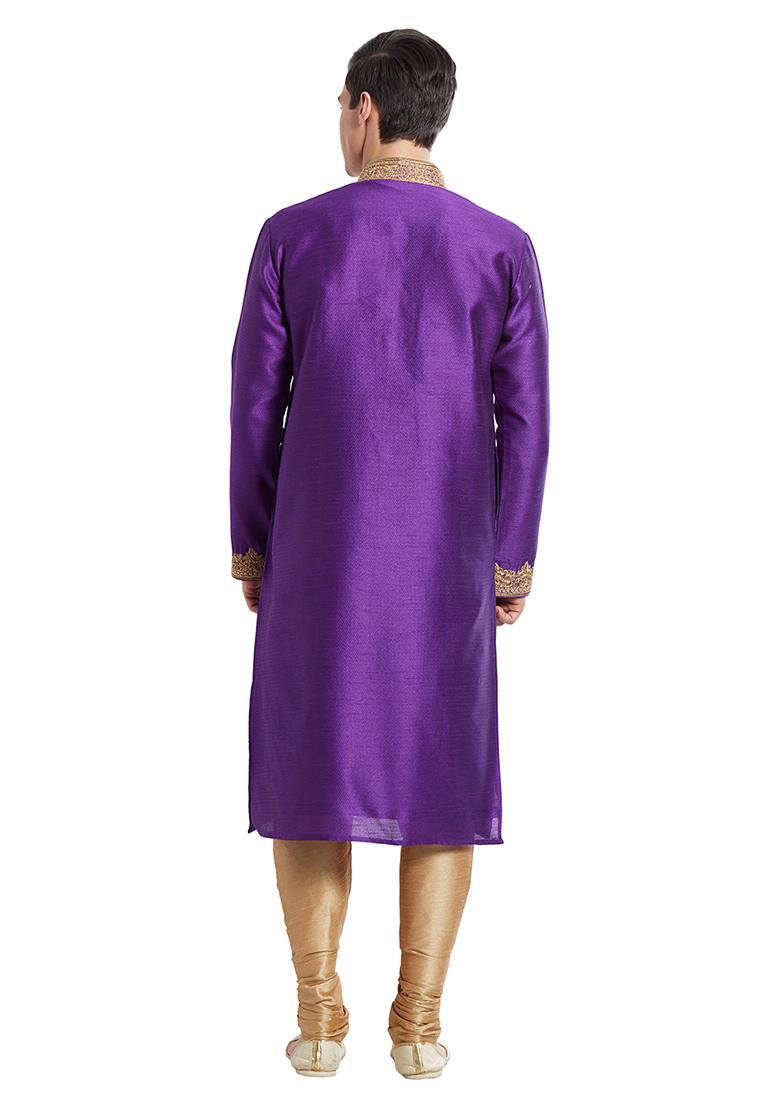 True Purple Embroidered Silk Kurta Set For Men