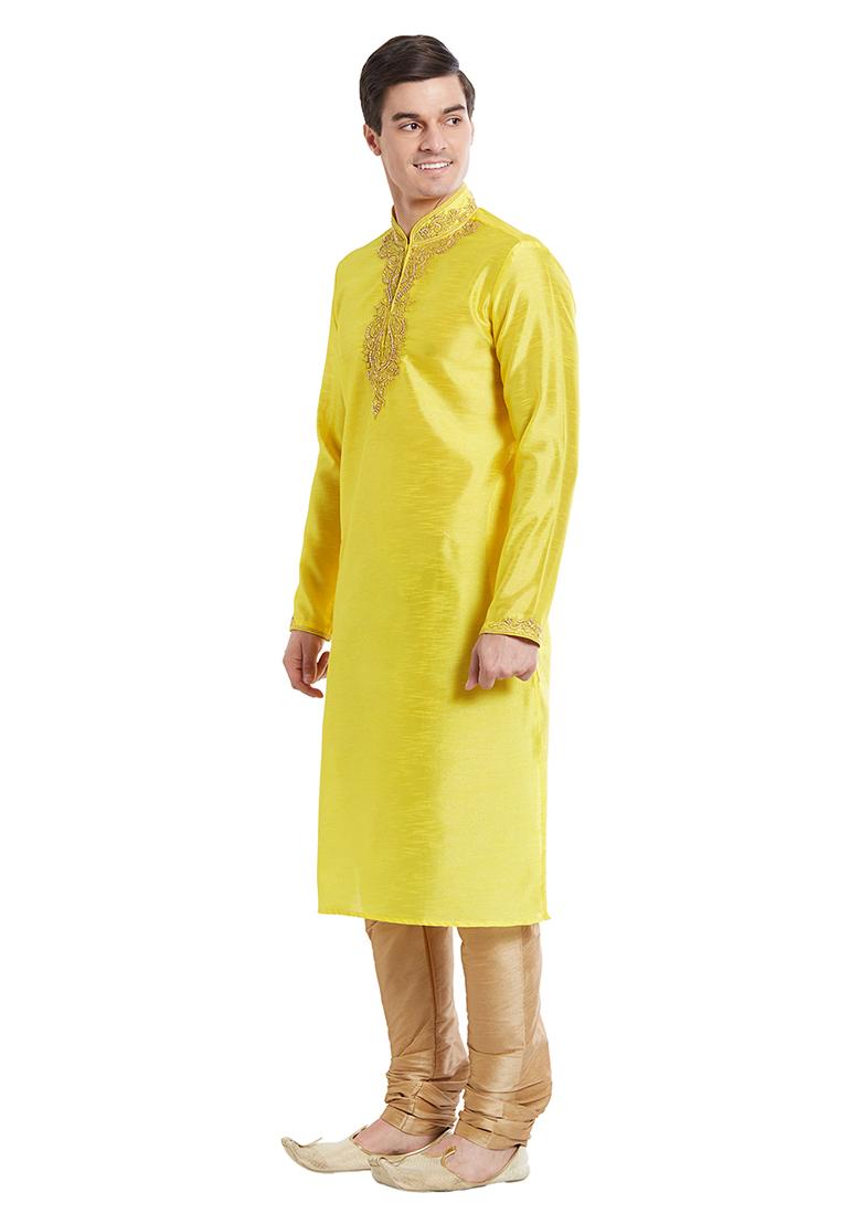 Yellow Embroidered Silk Kurta Set For Men