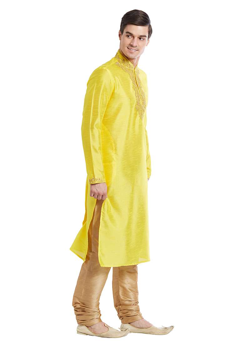 Yellow Embroidered Silk Blend Kurta Set For Men - Indya